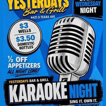 Karaoke Night Wednesday flyer at Yesterdays Bar & Grill